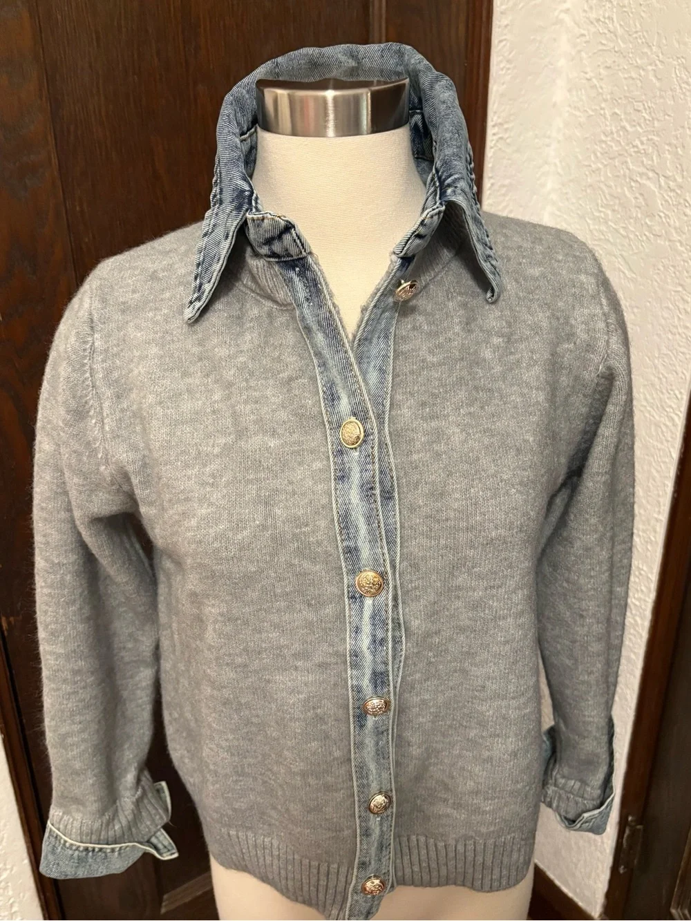 Soft Light Grey Sweater with Denim Shirt Detail Size M NWOT - Picture 2 of 4